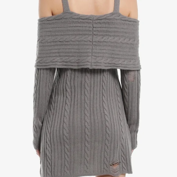 HT Social Collision Grey Cable Knit Destructed Cold-Shoulder Sweater Dress- XL - Picture 3 of 8